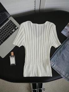 Autumn Korean Style Casual Metal Button Faux Button Faux Pocket Short Sleeve White Knit Women's Top, Suitable For Casual Holiday Outings, Festivals, Shopping - White - View 8