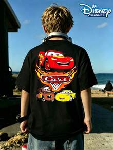 Disney Hot-Blooded Lightning McQueen Print Summer Tops,Boy Clothes For Kids,Boys Summer Outfits,Ropa Para Niños,Graphic Tees Teen Boys,Summer Clothes - 黑色 - 查看 3