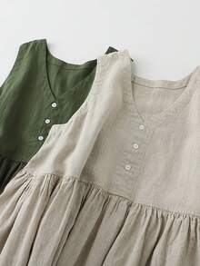 Women's Sleeveless Mid Length Dress, V-Neck Button Detail Pleated Waist, Loose A-Line Casual Skirt, Lightweight And Breathable Summer Dress - 杏色 - 查看 3