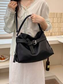 Fashionable High-End Hardware Loop With Decorative Women's Tote Bag, Simple And Versatile, Adjustable Shoulder Strap, Shoulder/Crossbody Bag - Black - View 3
