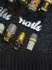 10pcs Handmade Full Coverage Square Press-On Nails, Gold Nail Art, European Vintage Baroque Palace Luxury Style, Reusable Fake Nails, Includes Jelly Glue And Nail File, Suitable For Weddings, Parties, Formal Banquets, Dates, Cosplay, Birthday Celebrations - Gold - View 7