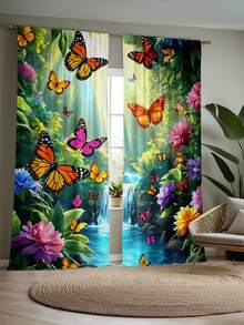 2 piezas Cortinas semitransparentes con paisaje de bosque y cascada natural, material de poliéster, con bolsillo para barra, estilo moderno, lavables a máquina, adecuadas para dormitorio y sala multiusos - Multicolor 5 - Ver 7