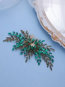 1pc Handmade Green Rhinestone Leaf Hair Comb, Elegant Bridal Hair Accessory For Wedding, Prom, Party - Green - View 2