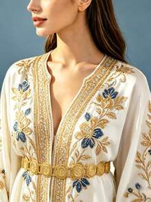 قطعة واحدة سلسلة خصر نسائية بطراز القصر العتيق مطلية بالذهب، قلادة دائرية بنمط عملة مثمنة مجوفة ومنقوشة، إكسسوار خصر من سبيكة معدنية للزفاف والحفلات والمهرجانات - الذهبي - مشاهدة 5