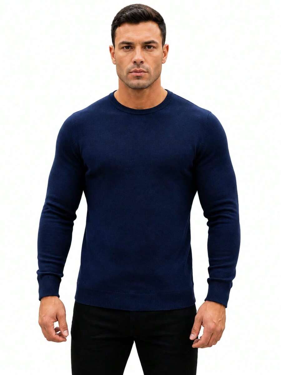 Men's Basic Knitting Sweater Round Neck Long Sleeve - Blue - View 1