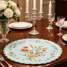 Seasonal Multi-Color Wavy Edge Round Floral Embroidered Placemat, Coaster, Napkin For Home Gatherings, Dining Table, Coffee Table Decor - Beige - View 8