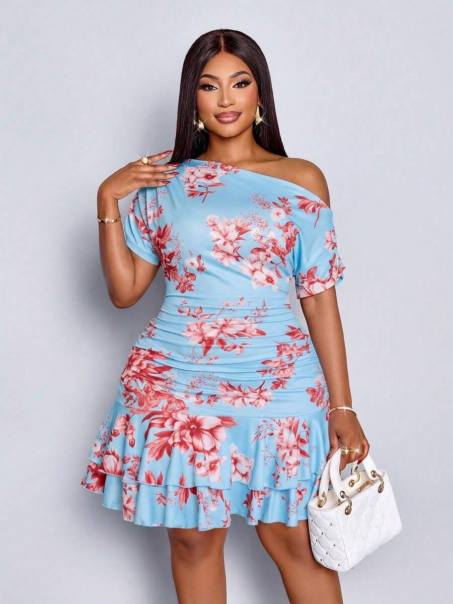 Elegant Mini Dress For Parties And Daytime Events, Featuring An Asymmetrical Neckline, Long Sleeves, Gathered Details, And A Double Ruffle, Made Of Apricot-Colored Knit Fabric For Women. - 磨砂黑 - 查看 1