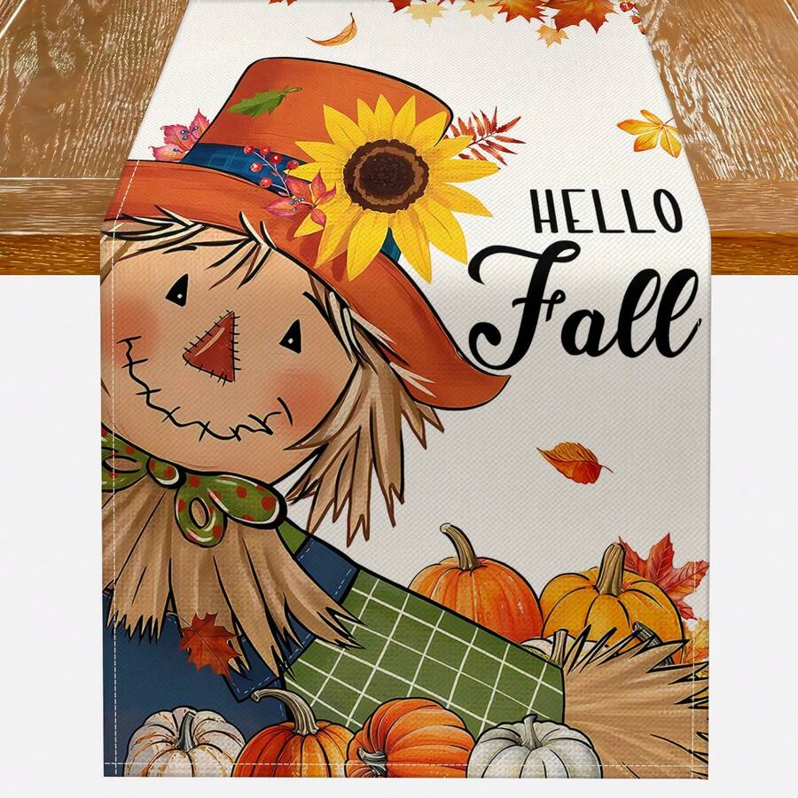 1件 Hello Fall 稻草人向日葵南瓜楓葉桌旗,感恩節秋季農舍風桌飾,季節性梳妝台裝飾布,居家派對裝飾 - 橘色 - 查看 1