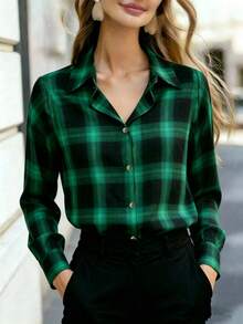 Women Green Black Plaid Flannel Shirt, Collared Long Sleeve Button Down Brushed Fabric Casual Check Blouse Fall - Green - View 7