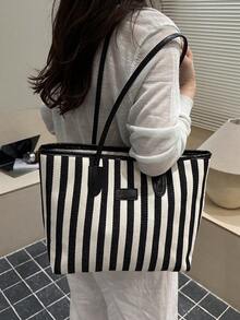 Fashionable Large Capacity Striped Tote Bag, Shoulder Bag, Suitable For Women Shopping, Commuting And Daily Use - Black - View 4