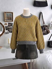 Women Geo‑Jacquard Crew Neck Sweater, Drop‑Shoulder Long Sleeve Oversized Loose Knit Pullover, Casual Fall Daily Top Fall Outfits - Multicolor - View 7