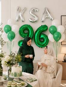 25pcs/Set Juego de Globos del Día Nacional de Arabia Saudita, Incluye Globos de Número Verde de 32 Pulgadas, Globos de Letra Plateada de 16 Pulgadas, Globos de Látex Verde y Blanco, Adecuado para Fiesta del Día Nacional de Arabia Saudita el 23 de Septiembre, Decoración de Fiesta Festiva, Celebración del 96 Aniversario - Multicolor - Ver 6