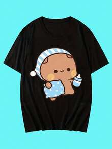 T-shirt à manches courtes ample 100% coton Y2K unisexe assorti pour couples avec motifs BuBu Panda et DuDu Bear – T-shirts à manches courtes A - Noir - Voir 1