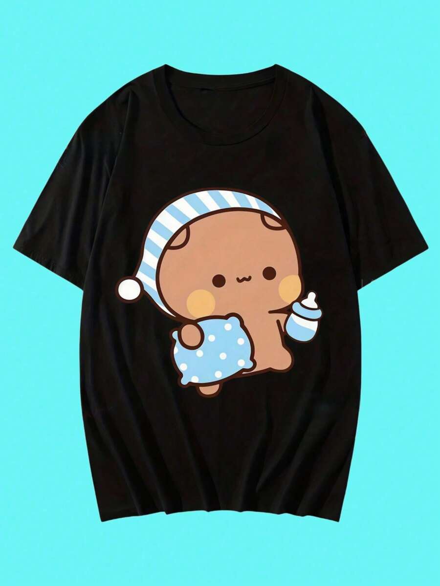 T-shirt à manches courtes ample 100% coton Y2K unisexe assorti pour couples avec motifs BuBu Panda et DuDu Bear – T-shirts à manches courtes A - Noir - Voir 1