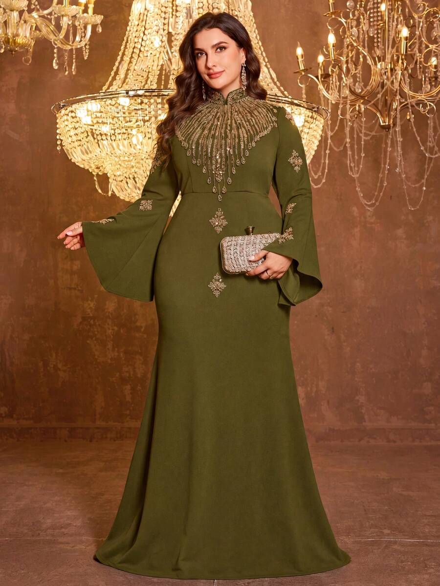 UNITHORSE Women's Stand Collar Long Sleeve Fitted Linen Evening Dress Wedding Party Fall - Olive Green - View 1