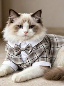 YOKLUN 1pc Pet Shirt, Cute And Charming, Comfortable To Wear, Matching Same Color Bow Tie, Suitable For All Seasons Pet Clothing, Fits Cats And Dogs, Can Be Given As A Holiday Gift - Khaki - View 1