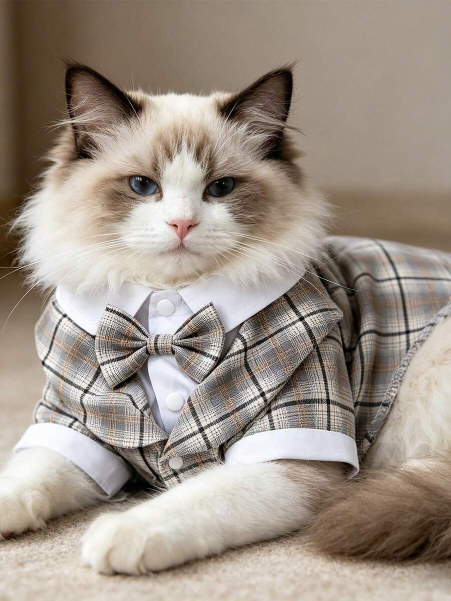 YOKLUN 1pc Pet Shirt, Cute And Charming, Comfortable To Wear, Matching Same Color Bow Tie, Suitable For All Seasons Pet Clothing, Fits Cats And Dogs, Can Be Given As A Holiday Gift - Khaki - View 1