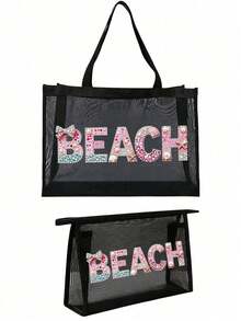 Rhinestone Letter Pattern Mesh Beach Tote Bag, Portable Transparent Hawaiian Style Cosmetic Bag, Lipstick Powder Skincare Toiletries Storage Bag, Multi-Functional Travel Cruise Dorm Essential, Women's Lightweight Summer Beach Tote, Ideal Wedding Bridesmaid, Mother's Day And Birthday Gift For Friends, Family And Teachers, Home Bathroom Bedroom Jewelry Nail Polish Lip Gloss Storage Bag - Multicolor - View 18
