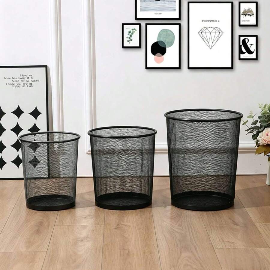 A Metal Mesh Trash Can For Home Use, Living Room, Wastepaper Basket, Office, Round Hollow Storage Bin, Simple, Large Capacity, Lidless Trash Can, Bedroom, Study, Commercial Iron Trash Can. - Black - View 1