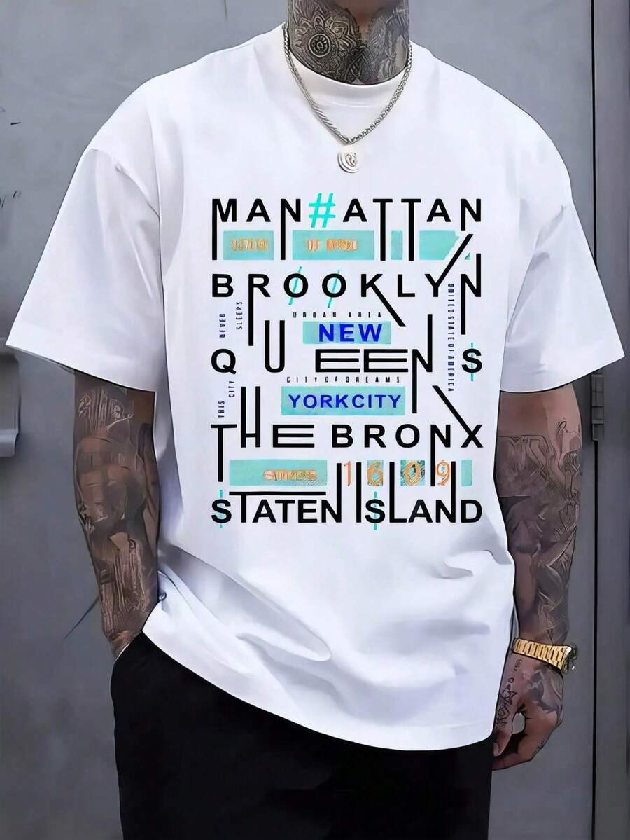 Icon Of New York Boroughs - Regular Fit, Short Sleeve, Casual Style With Bold Prints Of Manhattan, Brooklyn, Queens, Bronx, New York Streetwear, 180g, 100% Cotton. - 白色 - 查看 1