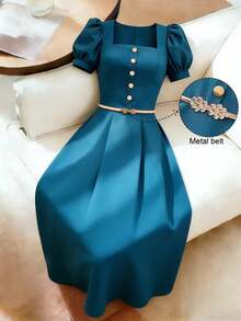 Vestido midi elegante y versátil de color azul marino con botones decorativos y cintura ceñida, para uso casual y de oficina, pa - Azul 2 - Ver 1