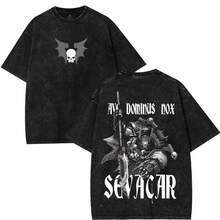 Camiseta gráfica unisex lavada con la imagen de Jago Sevatarion, primer capitán de los Night Lords de  40K – Camiseta casual de manga corta con cuello redondo para hombres y mujeres - Negro - Ver 1