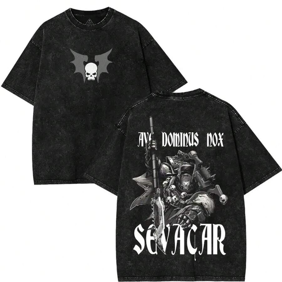 Camiseta gráfica unisex lavada con la imagen de Jago Sevatarion, primer capitán de los Night Lords de 40K – Camiseta casual de manga corta con cuello redondo para hombres y mujeres - Negro - Ver 1