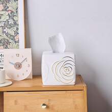 White Ceramic Cube Tissue Box Cover With Gold Rose U2013 Large Elegant Rose Floral Square Decorative Tissue Box Holder For Bathroom, Bedroom, Office Desk, Kitchen Counter U2013 Perfect Housewarming Gift - White - View 2