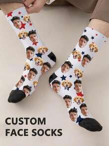 1 Pair Unisex White Customized Dog Face & Star Print Soft Breathable Casual Crew Socks, Suitable For Daily Wear And Holiday Gifts - Multicolor - View 1