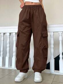 1pc Tween Girls Outdoor Street Casual Solid Color Cargo Pants - Brown - View 5