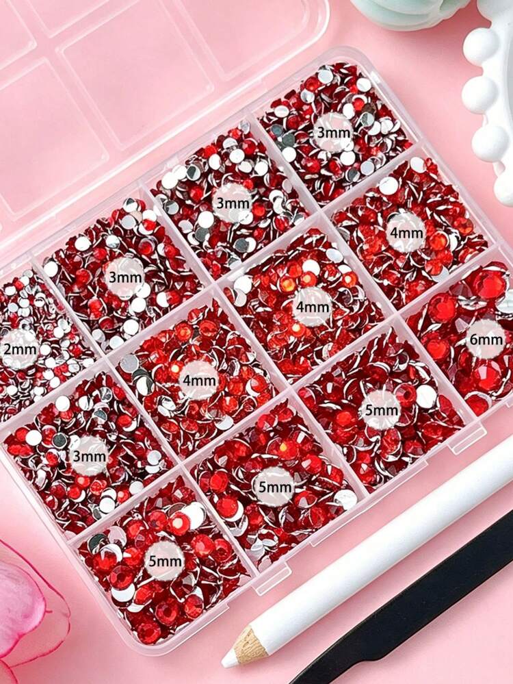 1 Box Red Flat Back Rhinestone Set, 2mm-6mm Round Siamese Red Crystal Nail Art Rhinestones, Resin Rhinestones, Includes Wax Pencil And Tweezers, Suitable For Valentine's Day, Wedding, Christmas, DIY Nail Art And Handmade Decoration - Red - View 2