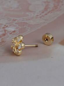 1pc Copper Cartilage Ear Stud With Tiny CZ Zirconia, 18K Gold Plated, Hypoallergenic Crystal Flower, Flat Back, Spiral Ear/Ear Cartilage/Ear Helix/Nose Stud, Piercing Jewelry 20G - A Pair Of Round  Flower Earrings - View 11