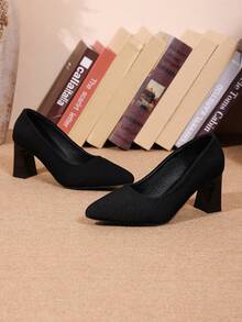 All-Season Knitted Pointed Toe Chunky Heel Pumps, Princess High Heels, Black, Beige, Burgundy, Elastic Fabric Chunky Heel Fashion Versatile Sexy Casual Commute Women's Shoes - Black - View 9