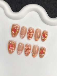 10pcs/Set Y2K Semi-Handmade Short Oval 3D Gel Polka Dot & Yellow French Press-On Nails, With 3D Flower, Gold Pearl, Rhinestone Design, Spring/Summer Manicure, Full Coverage Acrylic False Nails, Suitable For Women's Daily Work And Party Use - Multicolor - View 5