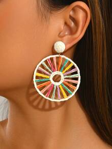 1 Pair Bohemian Vacation Style Handmade Raffia Geometric Hollow Large Hoop Earrings, Summer Fresh Sweet Ins Style Versatile Raffia Textured Hollow Hoop Earrings, Mother's Day, Wedding Season Bride Bridesmaid, Valentine's Day Gift For Friends And Lovers, Suitable For Women's Daily Vacation Party Wear - Color - View 2