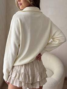 Senya Women's Letter Print Half-Zip Pullover, Solid Color Ribbed Knit Drop Shoulder Long Sleeve Sweater, Elegant Casual Preppy Style Knit Top, Suitable For Autumn - Apricot - View 9