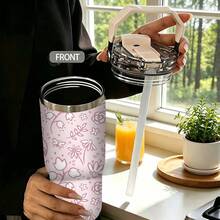 1pc/5pcs 30oz Stainless Steel Insulated Tumbler, Pink Floral Print, Keeps Cold And Hot. Equipped With Leak-Proof Lid, Straw And Portable Handle, Suitable For Indoor Daily Use And Outdoor Travel, A Delicate Birthday Gift For Floral Lovers. - Light Pink - Small Flowers - View 7
