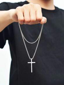 1PC Gold & Silver Polished Cross Necklace, Summer Long-Wear Sweat-Resistant Non-Fading Hypoallergenic, Effective Neckline Enhancement For Slimmer Face, Suitable For Beach Vacation / Street Style / Commute Business All-Scenario, Father's Day, Birthday, Graduation Season Gift Choice For Men & Women Couples - Multicolor - View 7
