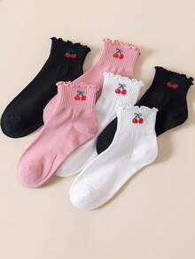 3/6雙女款中筒襪，荷葉邊設計搭配櫻桃刺繡，日系甜美風百搭短襪，適合日常通勤與休閒穿著 - 彩色 - 查看 2
