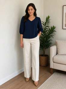 3/4 Length Polyester Blouse, Contrast Knit, Sizes M To XL, Perfect For Daily Wear, Holidays, Office, Home, And Autumn. - 藏蓝色 - 查看 2