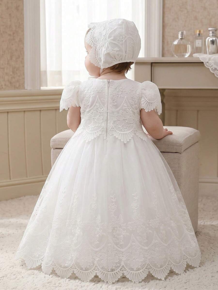 Robe de baptême pour bébé fille, longue robe de baptême en dentelle, 0-2 ans - Blanc - Voir 1