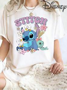 Bubble Letter Stitch Scrump Floral Duck Print 100% Cotton Tee, Cute Pastel Lilo & Stitch Disney Casual T-Shirt - 白色 - 查看 1