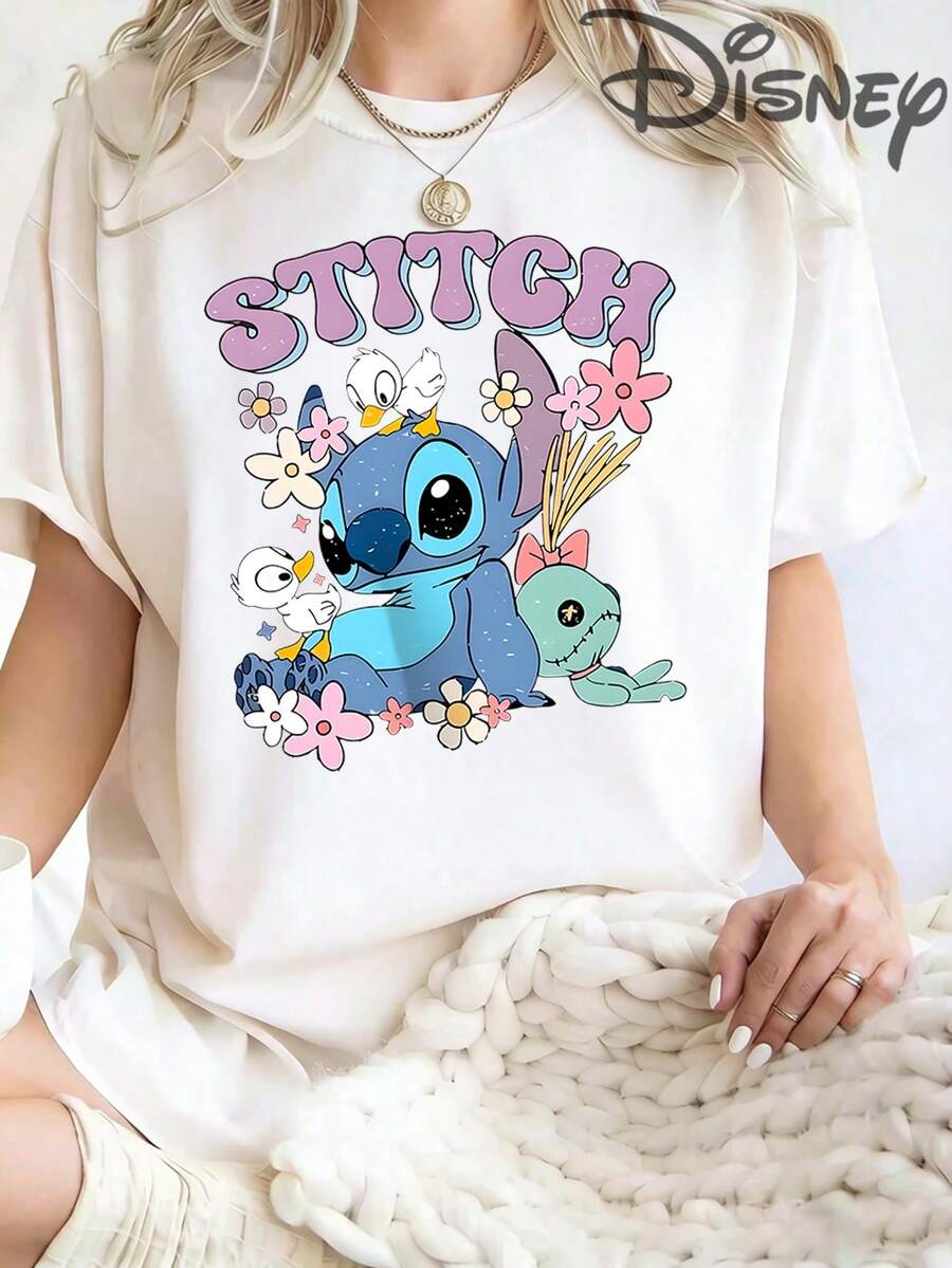 Bubble Letter Stitch Scrump Floral Duck Print 100% Cotton Tee, Cute Pastel Lilo & Stitch Disney Casual T-Shirt - 白色 - 查看 1