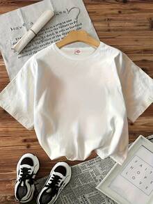 2026-Fashionable Summer Cotton Round Neck T-Shirt For Girls, Floral Print And Sunshine State Of Mind Back Writing, Casual, Medium Stretch, Vintage Style, - White - View 2