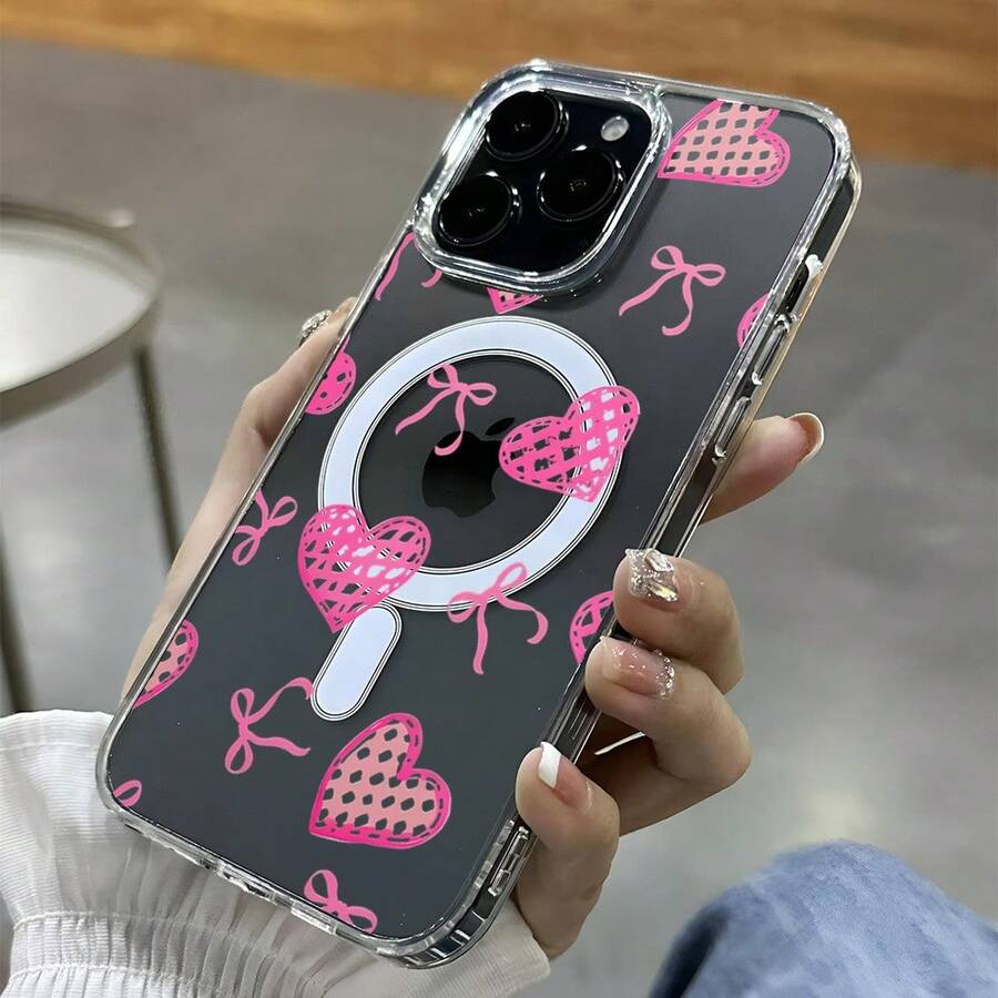 Süße rosa herzförmige Schleife Apfel 17 Handyhülle Ip15promax Anti-Sturz Schutzhülle 14 magnetische Saugschale - Magnetisches Acryl - ZJ3176 - Übersicht 1