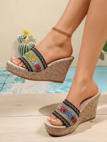 Sandal Wedges Wanita Bohemian Bordir dengan Rhinestone, Slide Tali Rami, Sandal Santai Liburan Pantai untuk Wanita Mungil - Hitam - View 3