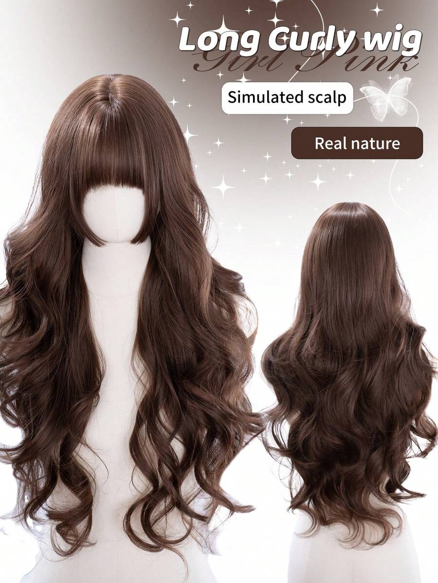 alicegarden 30 Inch Long Synthetic Wig, Natural Wavy Hairstyle, Charming Coffee Brown. Featuring Bangs Design, This Wig Piece Is Perfect For Women's Daily, Party And Cosplay Use, Providing A Natural And Durable Wig Gift., Halloween - Coffee Brown - View 1