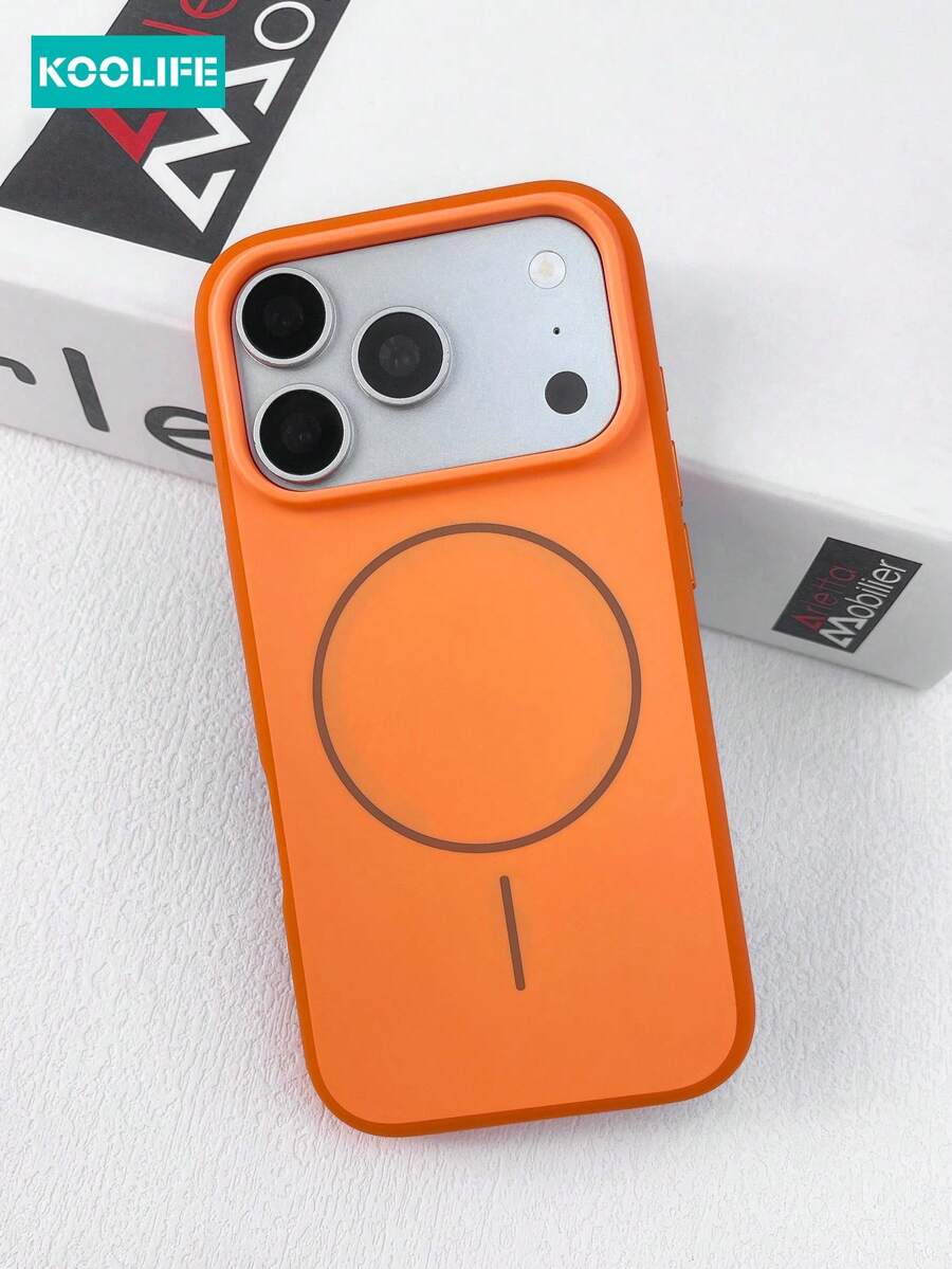 KOOLIFE 1件裝亮橘色對比邊緣磁吸手機殼，簡約單圓磁鐵圖案，時尚極簡獨特設計，軟硬PC+TPU防震防刮保護殼，相容MagSafe充電，適用於Apple 17/17pro/17promax/16/15