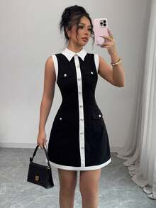 Nuevo vestido mini elegante y ajustado con decoración de botones en el cuello para mujeres, apto para primavera/verano - Blanco y Negro - Ver 1