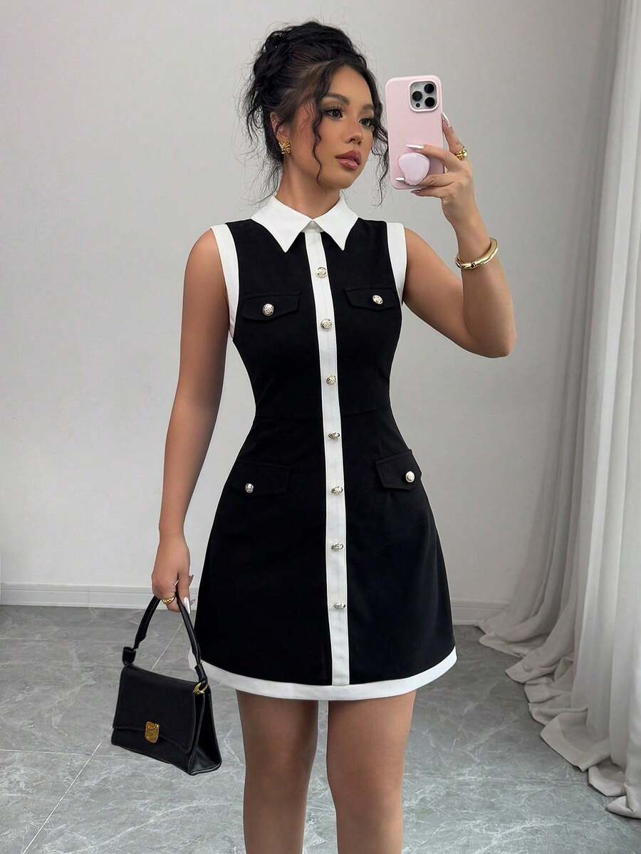 Nuevo vestido mini elegante y ajustado con decoración de botones en el cuello para mujeres, apto para primavera/verano - Blanco y Negro - Ver 1